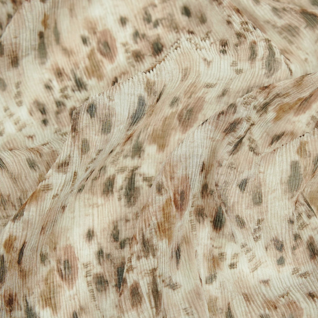 Semi-transparent, draping, light brown printed pleated textured fabric for dresses, shirts, pants, cheongsams, designer fabricsA