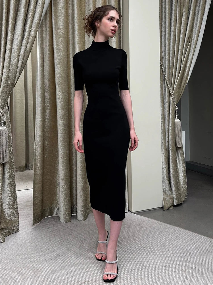 Nibber Peach Hip Elegant Gown Dress Woman Turtleneck Short Sleeve Backless High Waist Skinny Evening Prom Party Long Bodycon