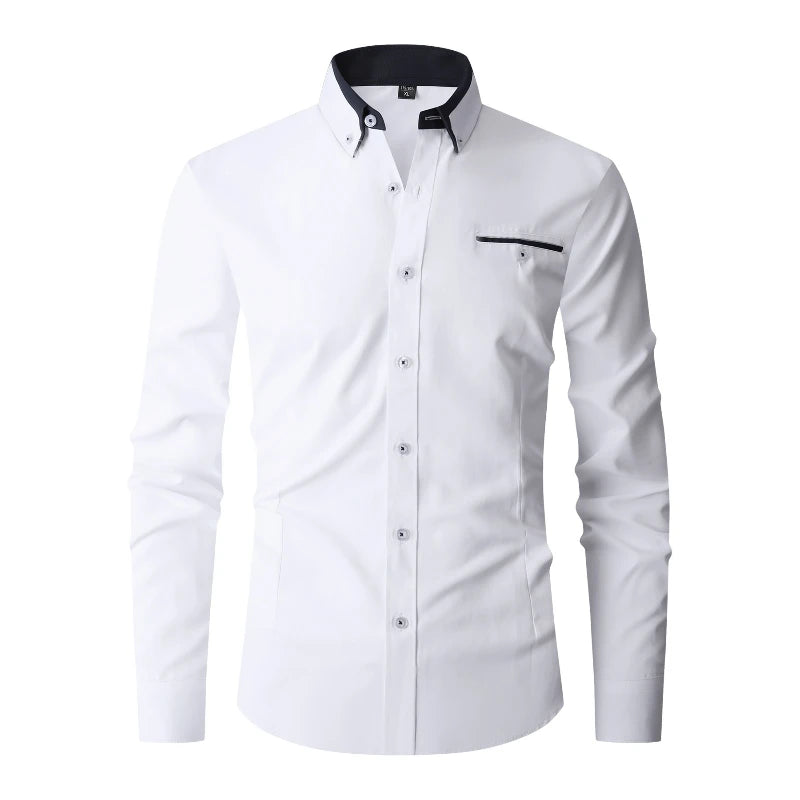 Men Formal Shirt Long Sleeve Office Solid Color Anti-Wrinkle Fashion Business Casual Social Pocket Office White Dress Shirts Man