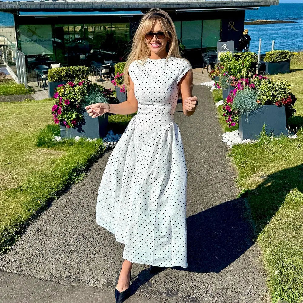 Retro Dot Print Dress Summer Women's Sleeveless Casual Round Neck Slim High Waist A-line Long Dress Vestidos De Fiesta Elegantes