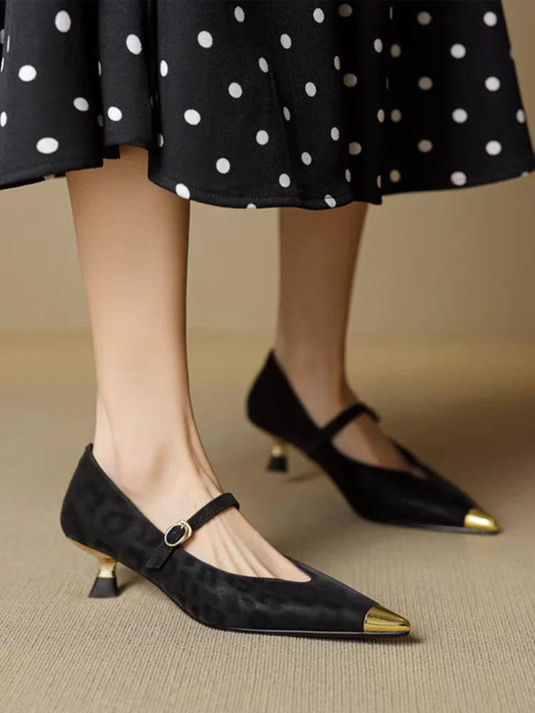 French-style Commuting Leopard Print Slimming Pointed V-cut Flats, Elegant 4.5cm Low-heel Mary Jane Shoes with A Strap