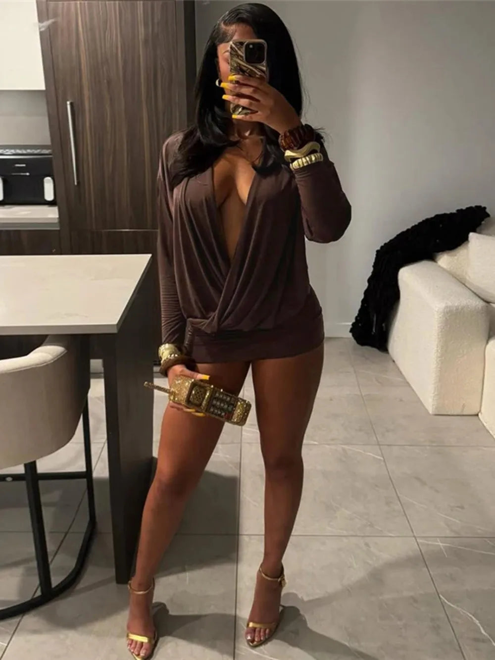 Women's Elegant Deep V-Neck Mini Dress Full Sleeve Skinny Peach Hip Midnight Club Party Sexy Fashion Solid Bodycon
