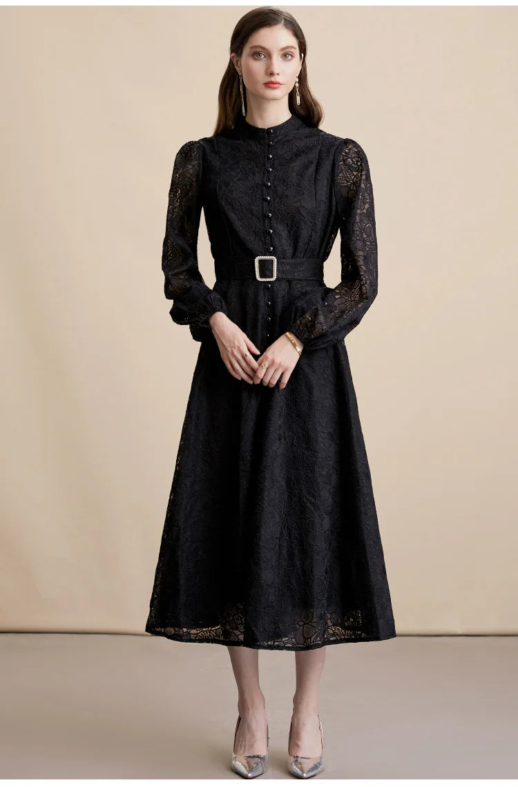 Elegant Lace embroidery Midi dress with belt Women's 2026 Spring summer Luxury Single breasted long sleeve dresses INKEO 5D271