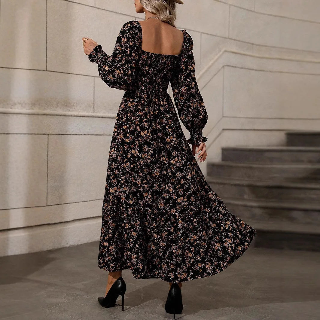Women's Casual Dresses Puff Sleeve Floral Print Fashion Trendy Temperament Elegant Vintage Commuting All-match Backless Vestidos