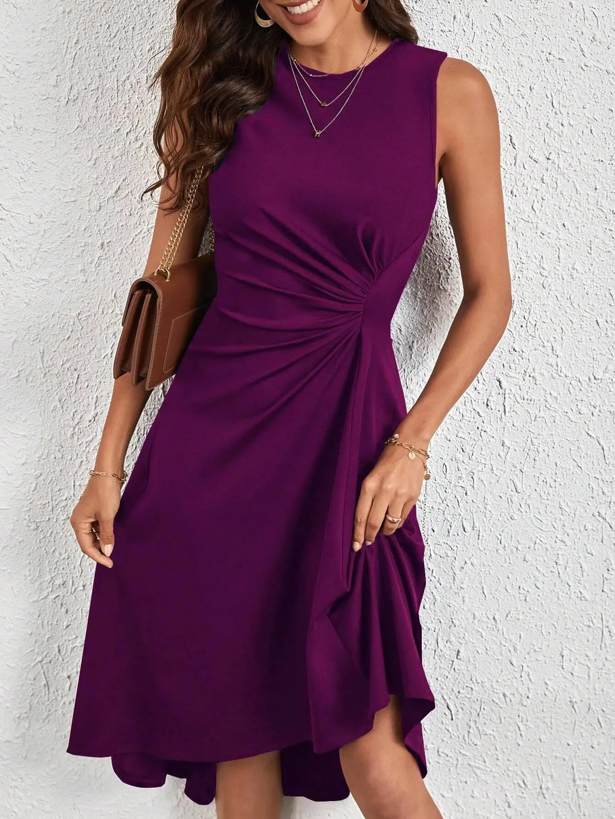 Women's Fashion Sleeveless Solid A-line Wrinkled Midi Dress Summer Female Red O-neck Party Dresses Vestidos Elegantes Para Mujer