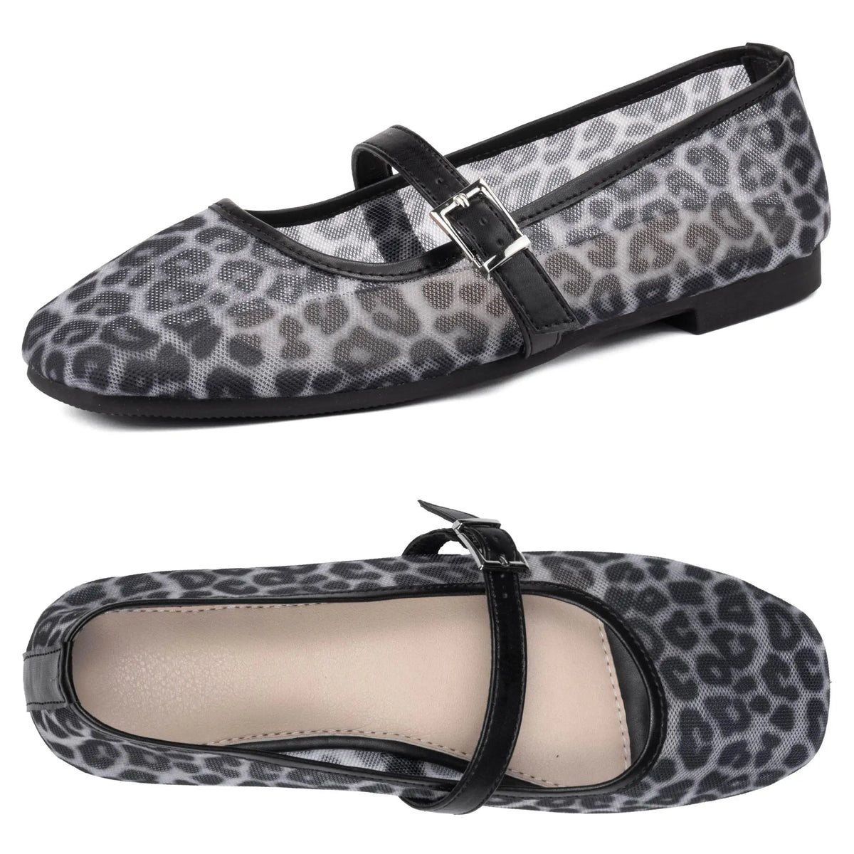 Women's Leopard Mesh Flats Square Toe Buckle Strap Breathable Summer Casual Shoes Springfresh