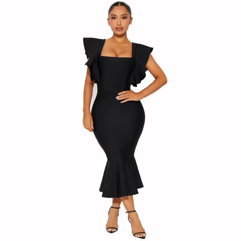 Sexy square neck flying sleeve bandage dress for women, black short sleeved pleated tight fitting dress, party evening dress