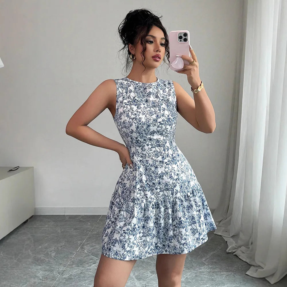 Ropas De Mujeres Print Dresses Vestidos Elegantes Women Vest Dress Sleeveless Summer Beach Bohemian Round Neck Retro Short Dress