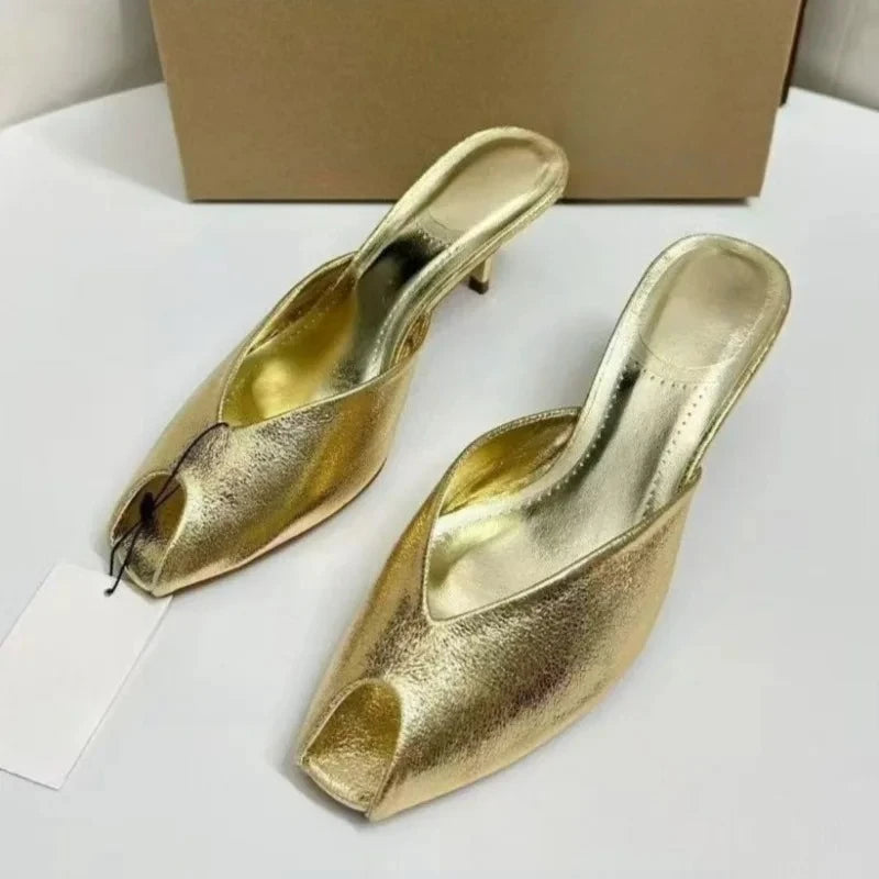 Women's Pumps Designer Gold Women Mules Sandals Luxury High Heels for Women Fashion Peep Toe Party Dress Shoe Summer Modern Shoe