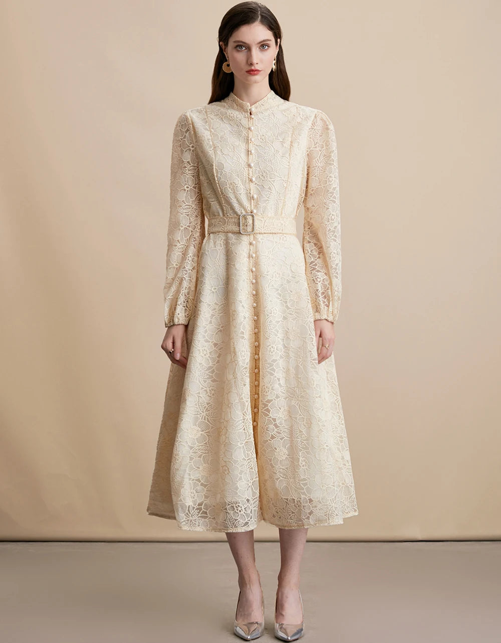 Elegant Lace embroidery Midi dress with belt Women's 2026 Spring summer Luxury Single breasted long sleeve dresses INKEO 5D271