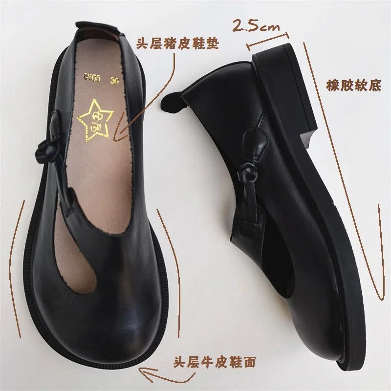 Careaymade-Genuine Leather Big Shoes Retro National Round Head Women's Shoes Original Leather Breathable Handmade Single Shoes