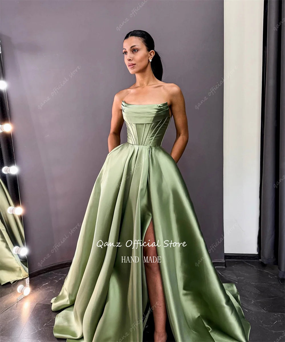 Qanz Sage Green Evening Dresses Satin High Slit Strapless Vestidos De Fiesta Elegantes with Pocket Party Prom Gown Customized