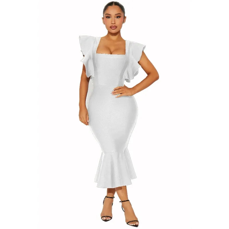 Sexy square neck flying sleeve bandage dress for women, black short sleeved pleated tight fitting dress, party evening dress