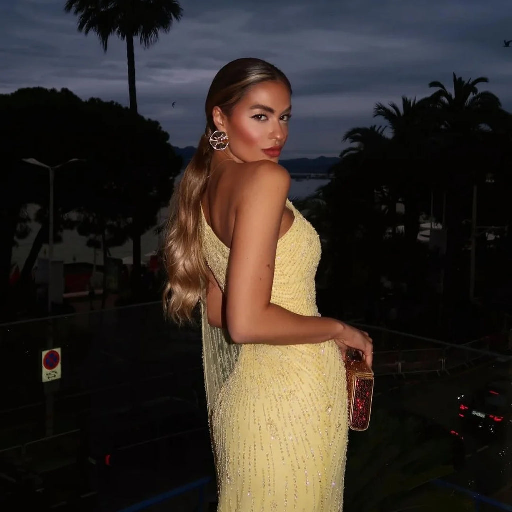 Bella Customized Bright Yellow One-shoulder Full Embellished Tulle High-slit Cape Train Floor-length Party Dresses Elegant