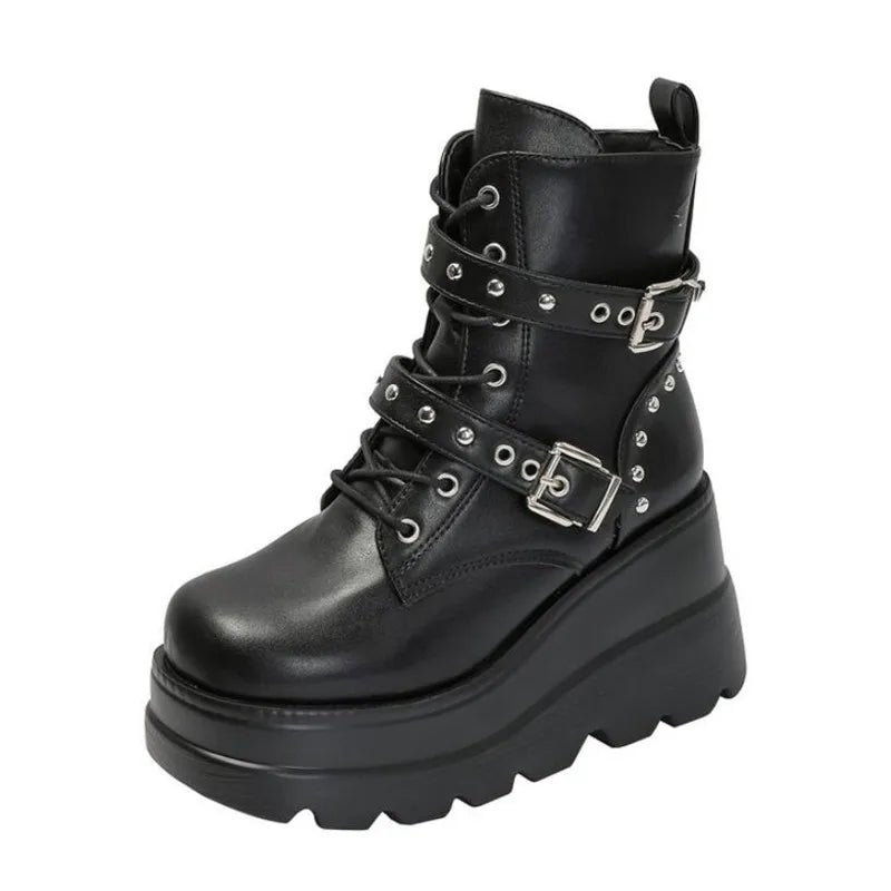 Women Leather Ankle Booties Woman 2026 New Autumn Winter Round Toe Lace Up Shoes Woman Motorcycle Platform Gothic Boots Cosplay