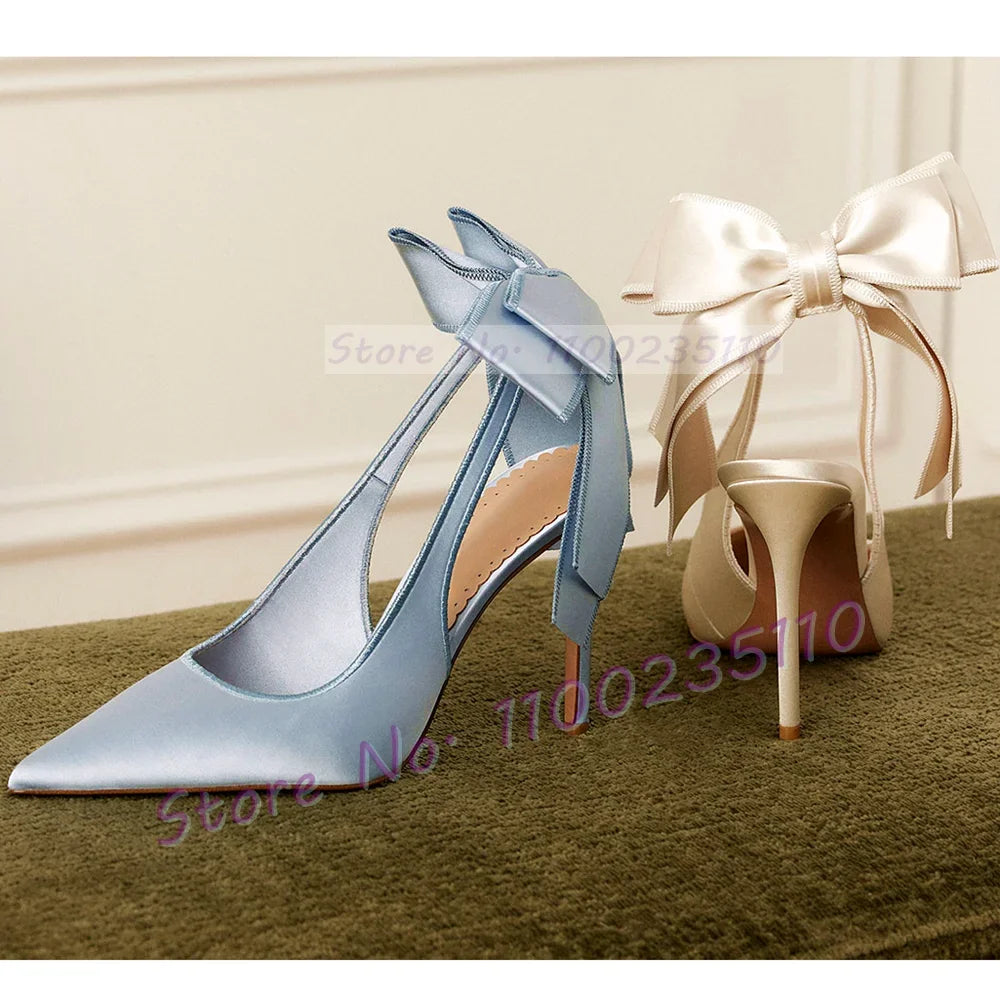White Sleek Satin Pointed Toe Slingback Sandals Women Feminine Bow Detail Stiletto Shoes Office Lady Wedding Elegant Party Shoes