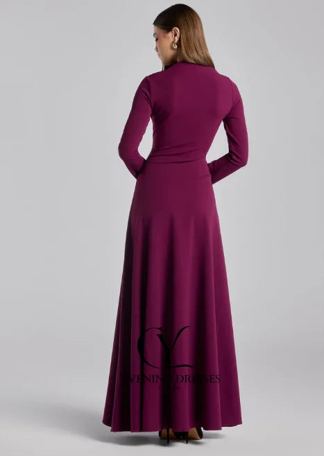 CUYUN Long Sleeves Elegant Wedding Guest Dresses Purple Crepe Draped Asymmetric Neck Maxi Dress Customized Party Gown 2026