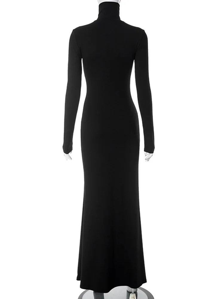 Party Dresses Women Casual Fashion Solid Streetwear Turtleneck Full Sleeves Hip Wrap Bodycon Elegant Long Vestidos Robes Female