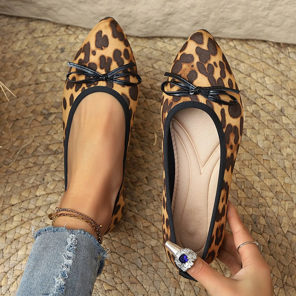 2026 Leopard Flats Women Round Toe Bowtie Work Shoes Spring Ballerines Ladies Soft Soled Loafers Roll-Up Mocasines Femme Ballets