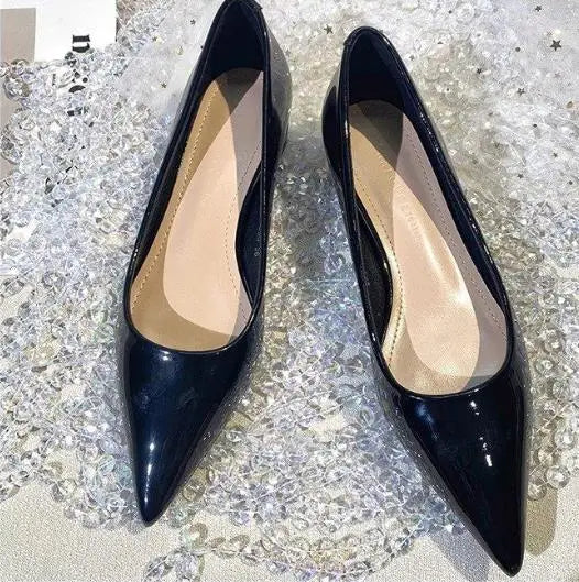 French style patent leather pointed single shoes  Pumps for women with a 3cm low heel new fashionable thick heel flat shoes