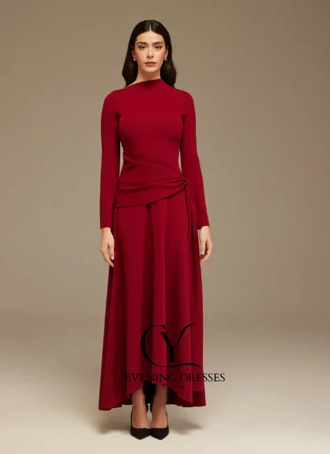 CUYUN Long Sleeves Elegant Wedding Guest Dresses Purple Crepe Draped Asymmetric Neck Maxi Dress Customized Party Gown 2026