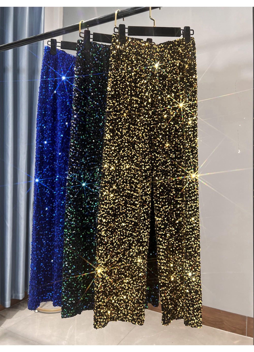 Autumn and Winter New Korean Velvet Sequin Wide Leg Pants Long Dose Slimming Mop Pants Shiny Casual Straight Pants for Women