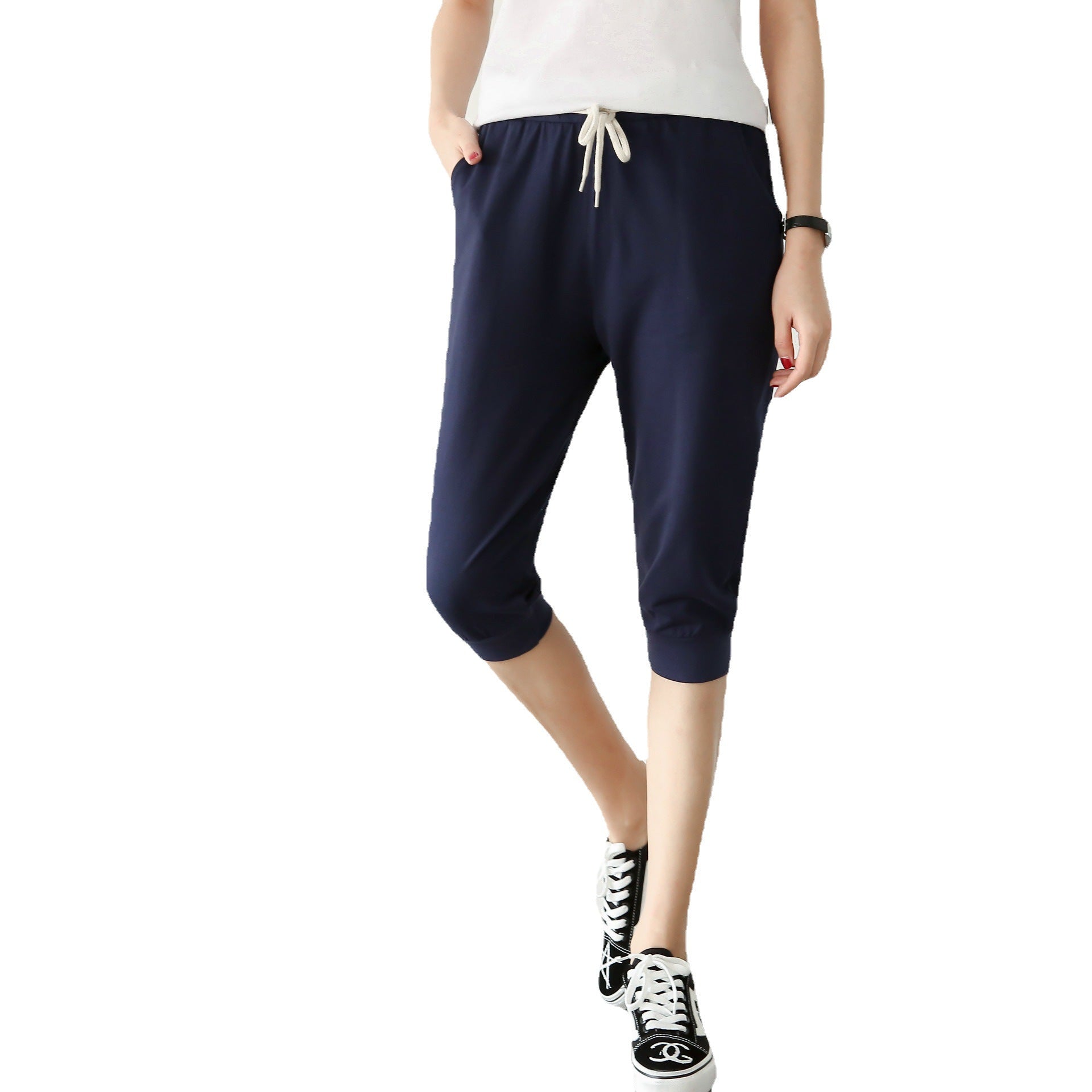 95 Cotton Terry Spring and Summer High Black Harem Pants Cropped Pants Outer Shorts Summer Thin Casual Pants Women's Breeches
