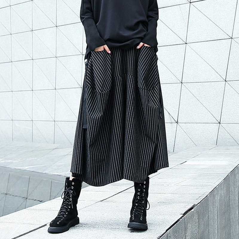 Japanese Yamamoto style black and white striped cropped wide-leg pants women's spring and autumn loose retro drape high waist casual culottes