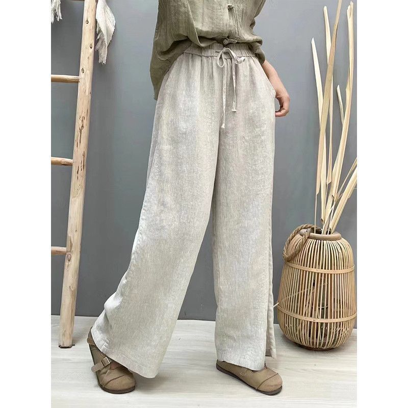 Cotton and Linen Pure Color Literary Retro Straight Pants for Women 2024 Spring Elastic Waist Loose Versatile Narrow Wide Leg Pants Long Pants
