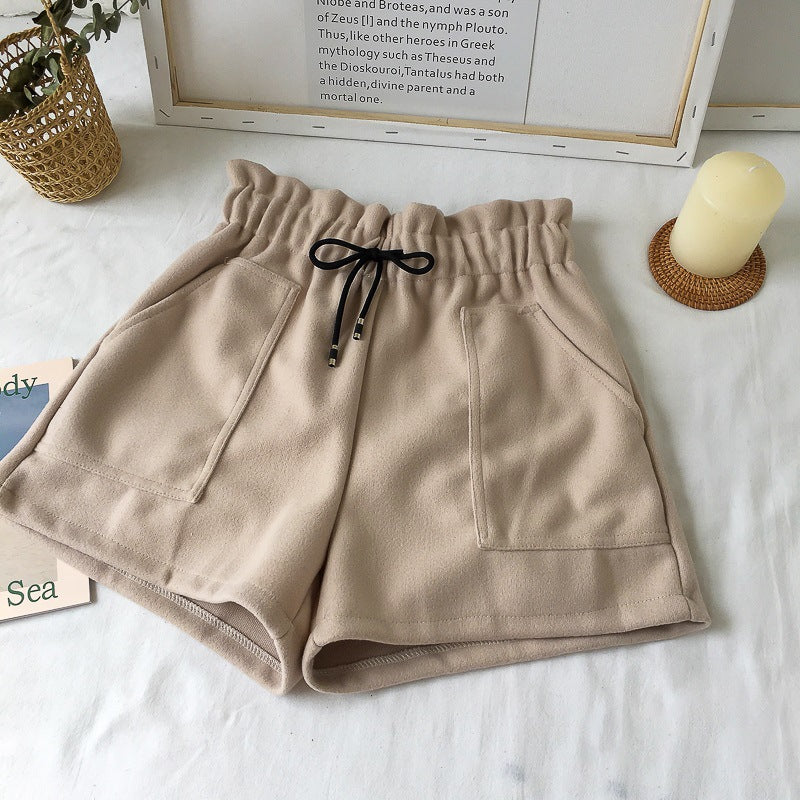 High Waist Woolen Shorts Autumn and Winter 2024 New Black Wide Leg Pants Slimming Spring Outwear Loose Casual Boots for Women