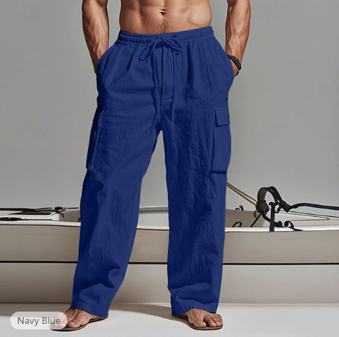 2025 Amazon Men's Solid Color plus size Cordwork Pants Drawstring Elelastic Multi-Pocket Wide Men's Casual Pants