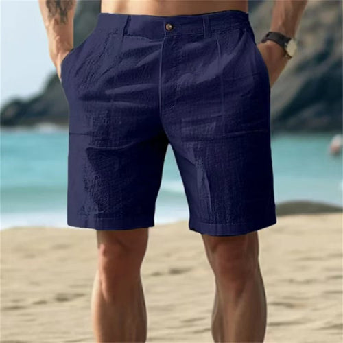 Men's Summer Cotton and Linen Shorts, Solid Color Casual Beach Shorts,