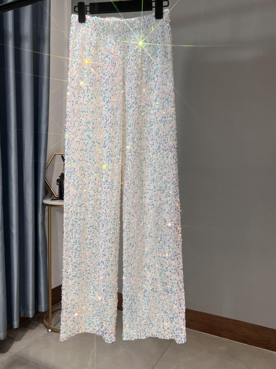 Autumn and Winter New Korean Velvet Sequin Wide Leg Pants Long Dose Slimming Mop Pants Shiny Casual Straight Pants for Women