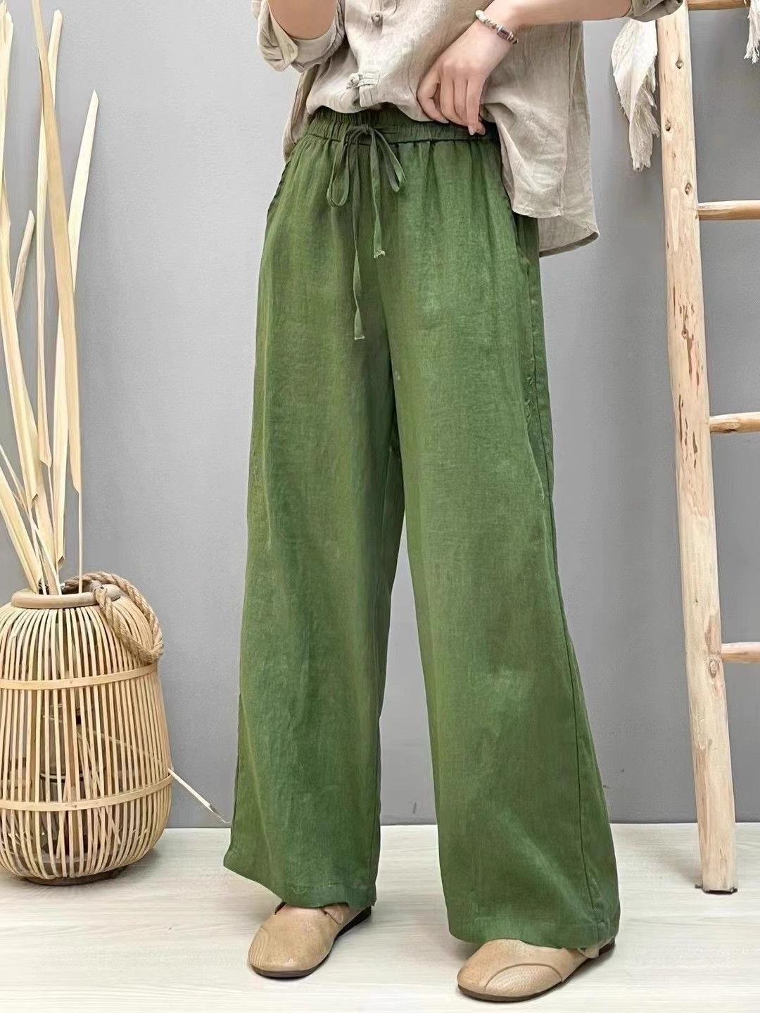Cotton and Linen Pure Color Literary Retro Straight Pants for Women 2024 Spring Elastic Waist Loose Versatile Narrow Wide Leg Pants Long Pants
