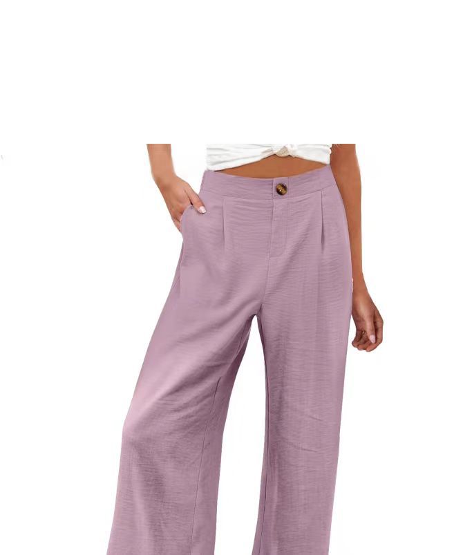 2026 Cross-Border Amazon European and American Summer Comfortable High-Waisted Long Pants with Buttons and Elastic Waist Wide-Leg Pants for Women Casual Straight-Leg Pants