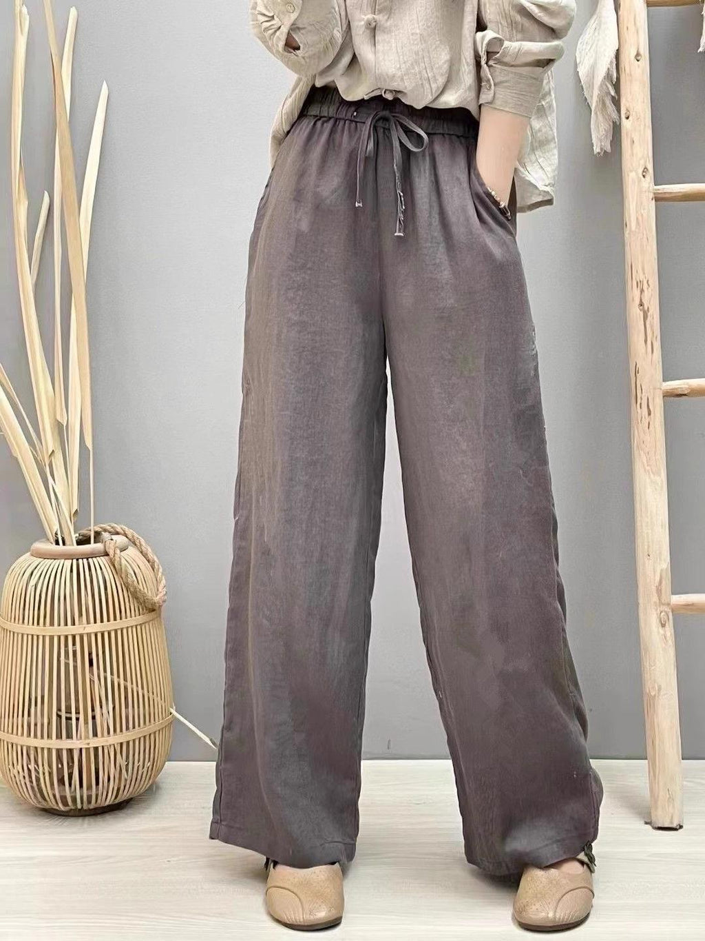 Cotton and Linen Pure Color Literary Retro Straight Pants for Women 2024 Spring Elastic Waist Loose Versatile Narrow Wide Leg Pants Long Pants