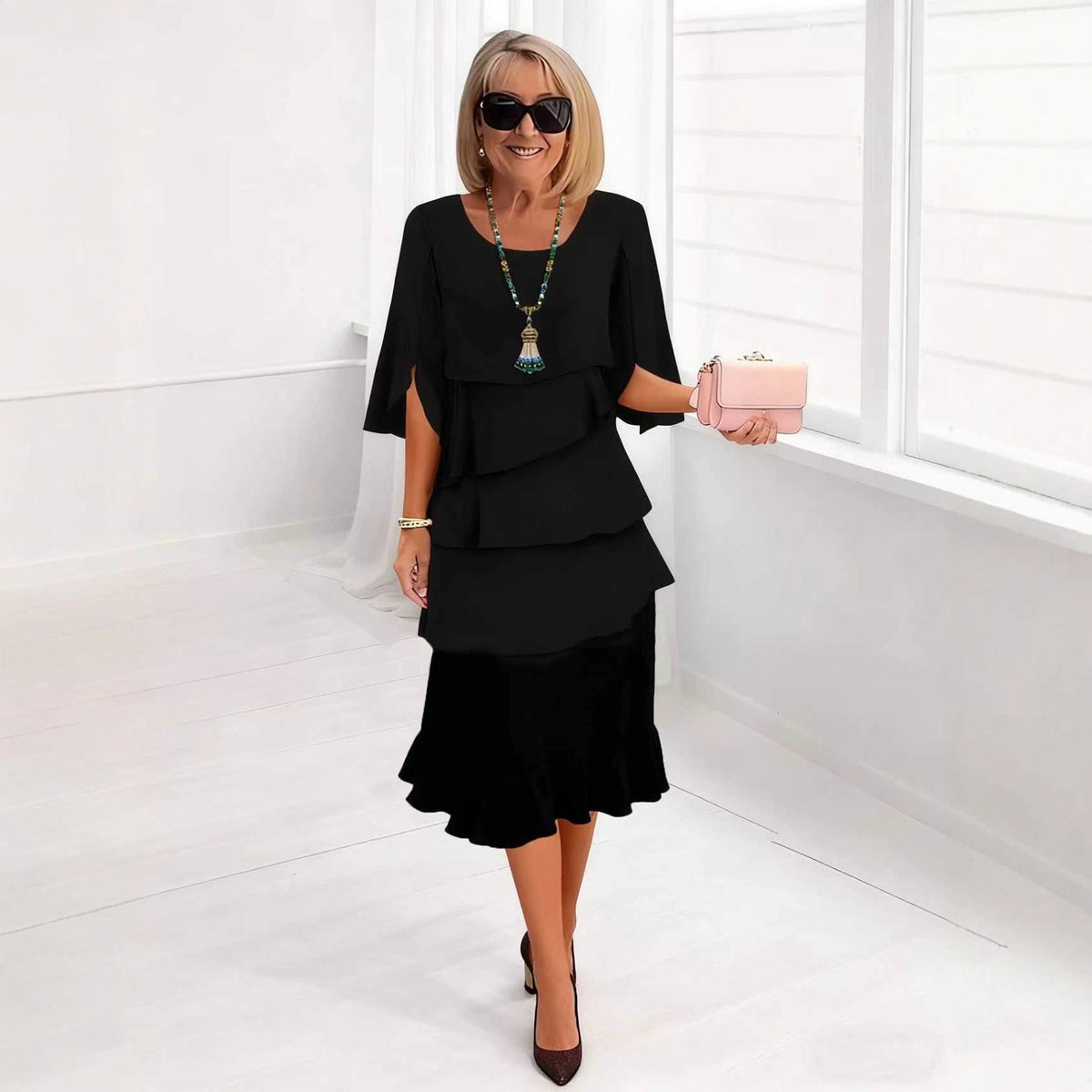 2025 New Amazon Foreign Trade Spring and Summer Fashion Cake Dress Women's Elegant Loose Slimming Round Neck Dress Women