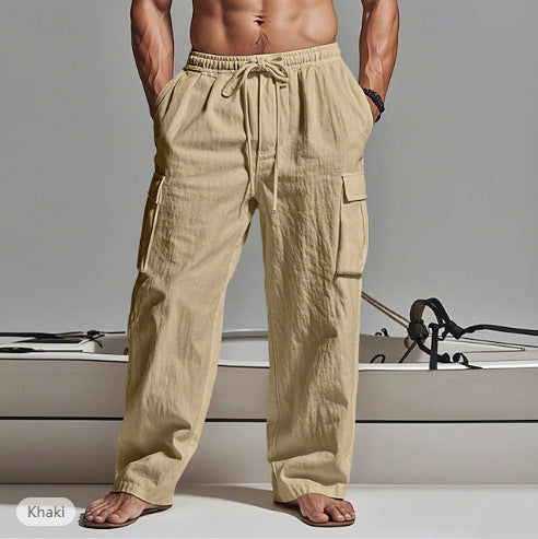 2025 Amazon Men's Solid Color plus size Cordwork Pants Drawstring Elelastic Multi-Pocket Wide Men's Casual Pants