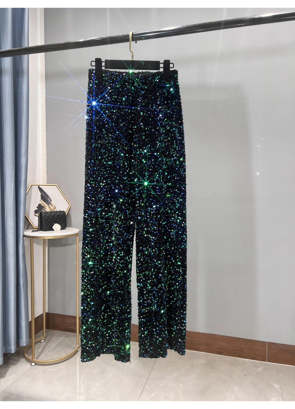 Autumn and Winter New Korean Velvet Sequin Wide Leg Pants Long Dose Slimming Mop Pants Shiny Casual Straight Pants for Women