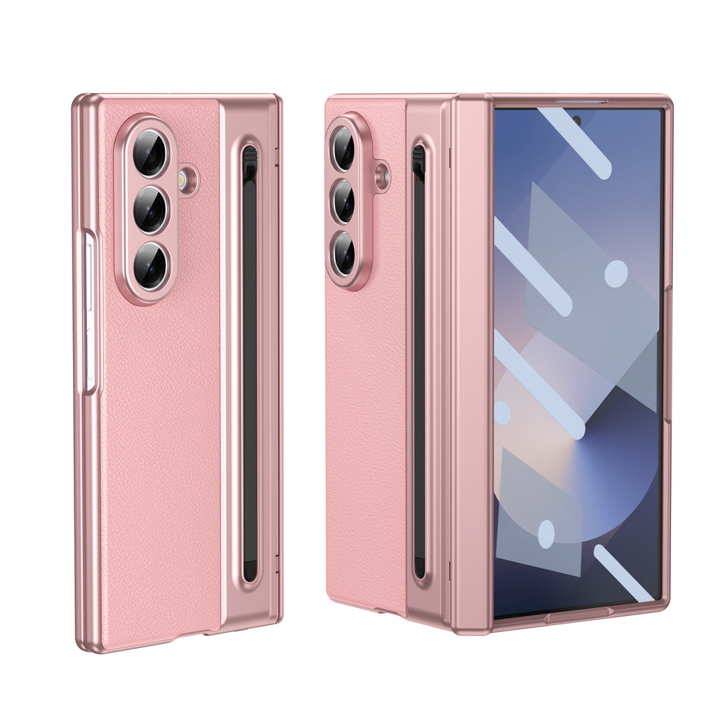 Suitable for Samsung Z Fold8 Ultra Gold Armor Pen Slot Folding Phone Case Plain Leather Shockproof 7/6 Case Film Protective Cover