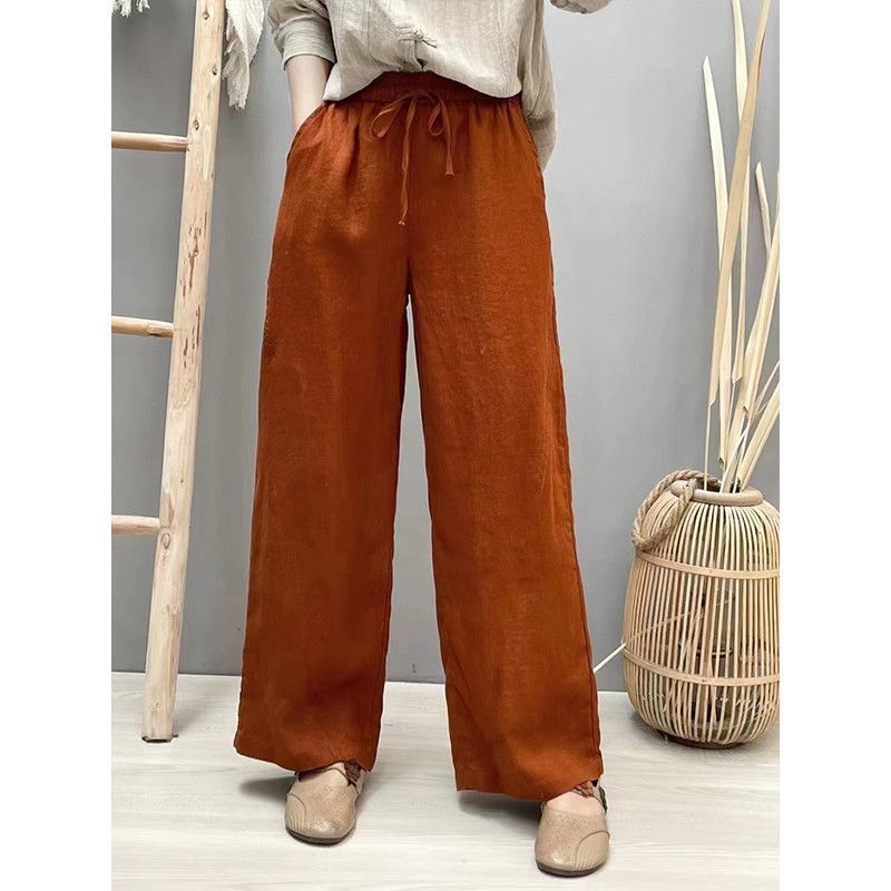Cotton and Linen Pure Color Literary Retro Straight Pants for Women 2024 Spring Elastic Waist Loose Versatile Narrow Wide Leg Pants Long Pants