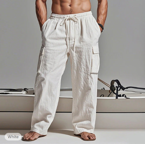 2025 Amazon Men's Solid Color plus size Cordwork Pants Drawstring Elelastic Multi-Pocket Wide Men's Casual Pants