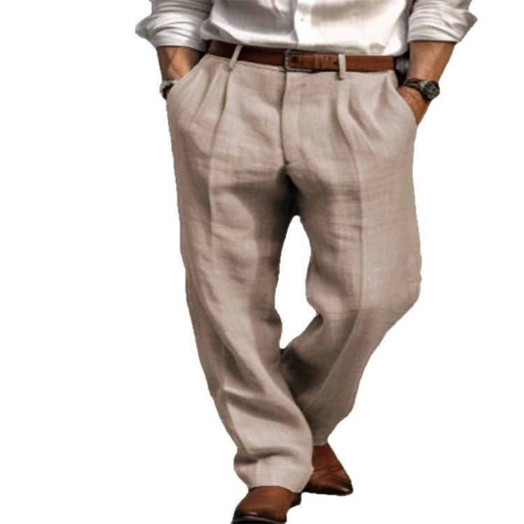 New Men's Linen Trousers Double Pleated Front Pocket Straight Solid Color Comfortable Breathable Casual Daily Vacation Cotton Blend Fashion