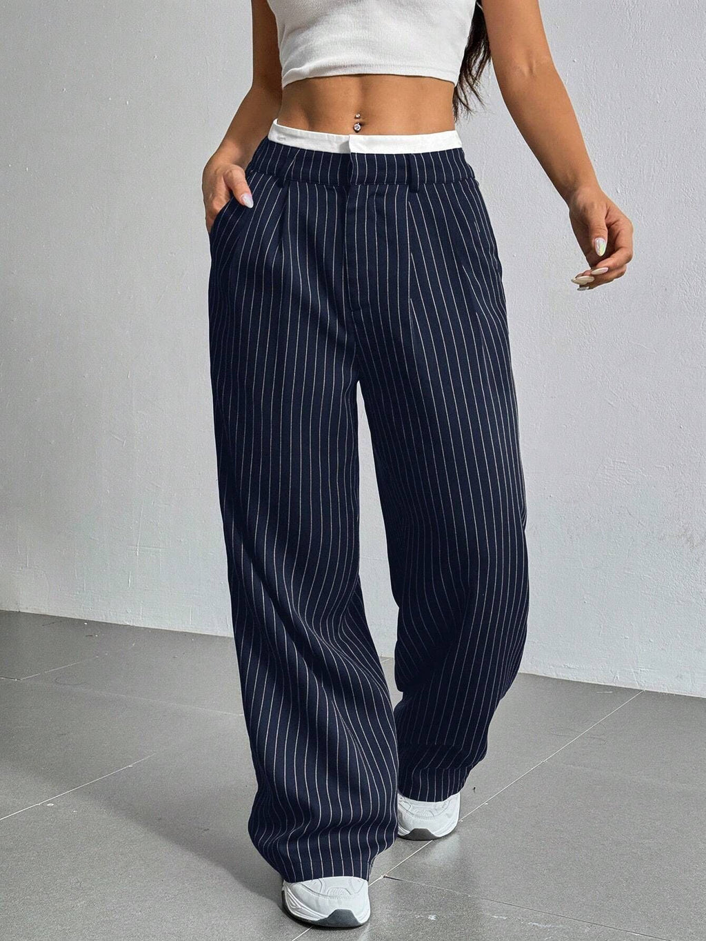 2025 Cross-border Spring and Summer New Women's Trousers Fashion Casual High Waist Stitching Dosing Loose Straight Pants
