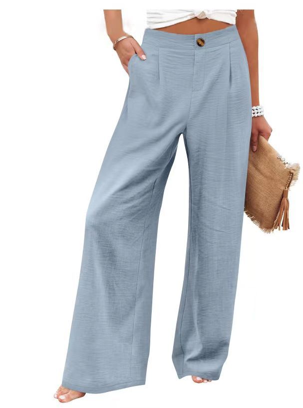 2026 Cross-Border Amazon European and American Summer Comfortable High-Waisted Long Pants with Buttons and Elastic Waist Wide-Leg Pants for Women Casual Straight-Leg Pants