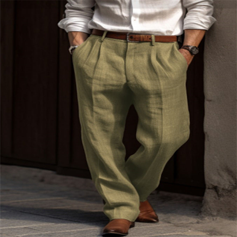 New Men's Linen Trousers Double Pleated Front Pocket Straight Solid Color Comfortable Breathable Casual Daily Vacation Cotton Blend Fashion