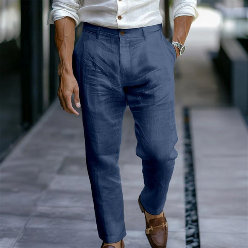New Men's Linen Trousers Double Pleated Front Pocket Straight Solid Color Comfortable Breathable Casual Daily Vacation Cotton Blend Fashion