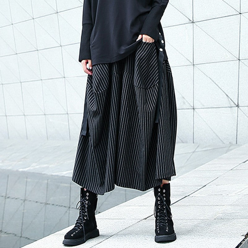 Japanese Yamamoto style black and white striped cropped wide-leg pants women's spring and autumn loose retro drape high waist casual culottes