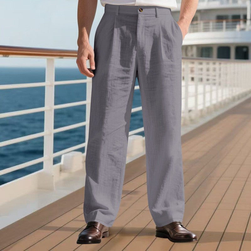 New Men's Linen Trousers Double Pleated Front Pocket Straight Solid Color Comfortable Breathable Casual Daily Vacation Cotton Blend Fashion