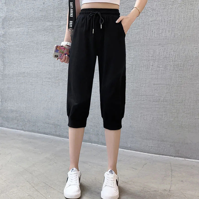 95 Cotton Terry Spring and Summer High Black Harem Pants Cropped Pants Outer Shorts Summer Thin Casual Pants Women's Breeches